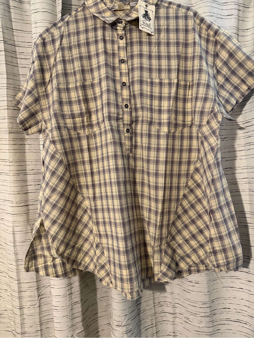NWT Easel Plaid Button Front Shirt Top Size Large 100% Cotton Boho